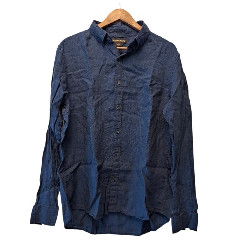Michael Kors Mens Slim Fit Linen Blend Button Down Shirt Navy Blue‎ Large L